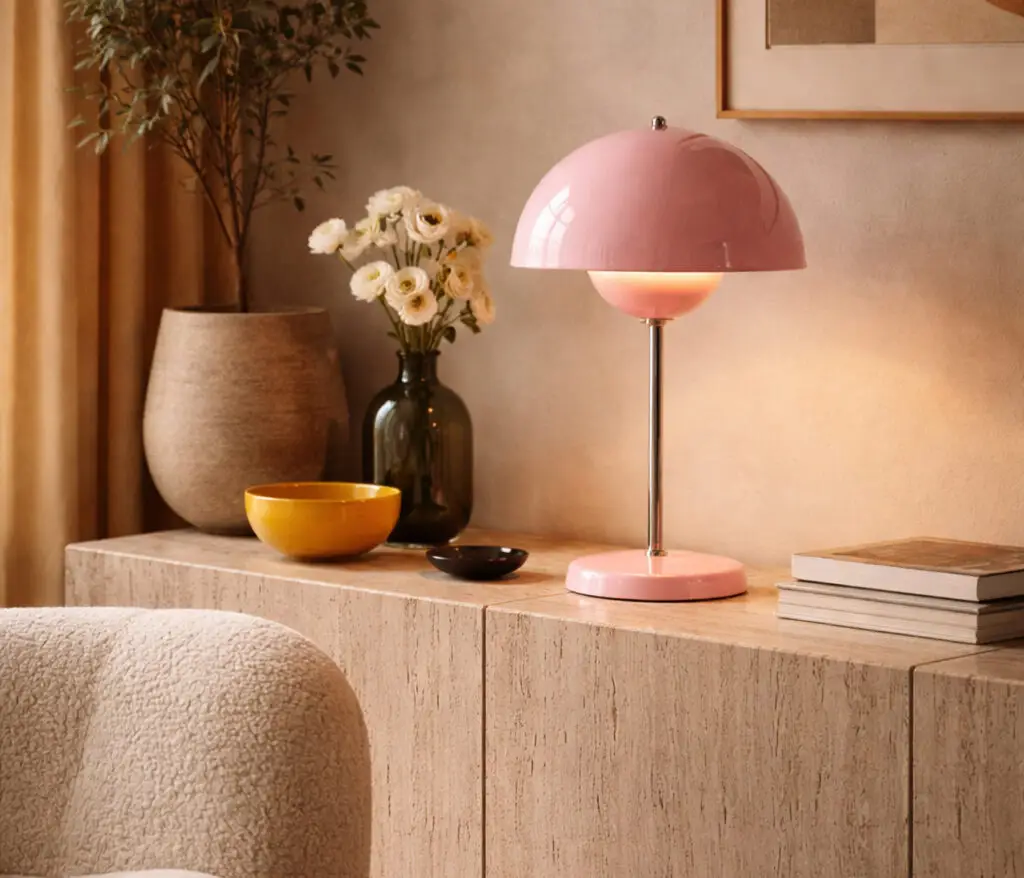 &Tradition Flowerpot VP3 Tischlampe rosa von Verner Panton auf Sideboard im Wohnzimmer