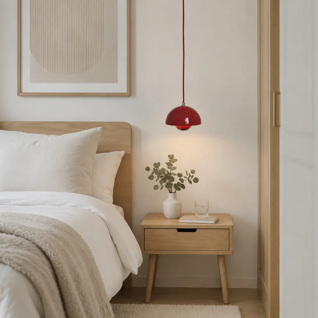 Rote &Tradition Flowerpot VP10 Mini Pendelleuchte über einem Nachttisch im Schlafzimmer