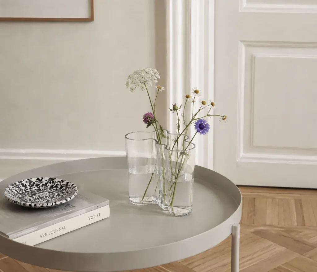 Kleine Alvar Aalto Vase mit Wiesenblumen auf einem Tabletttisch