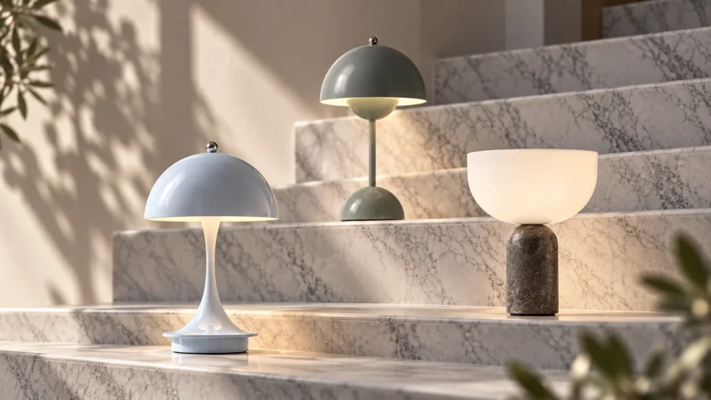 Panthella 160, Flowerpot VP9 und New Works Kizu nebeneinander auf einer Steintreppe