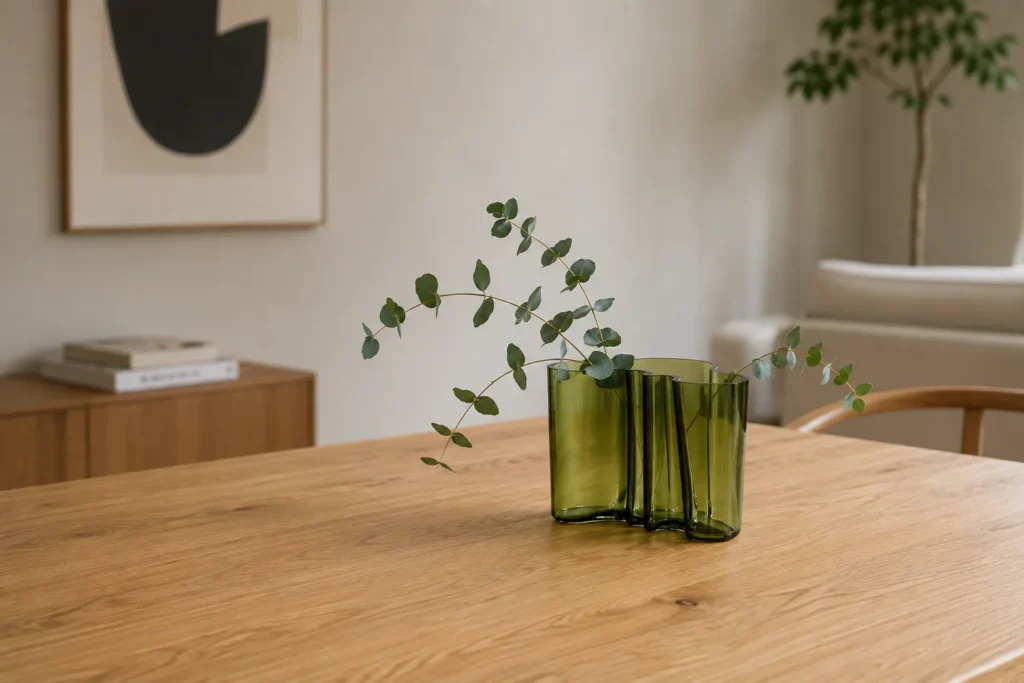 Iittala Alvar Aalto Vase in Klarglas mit Blumen auf einem Sideboard