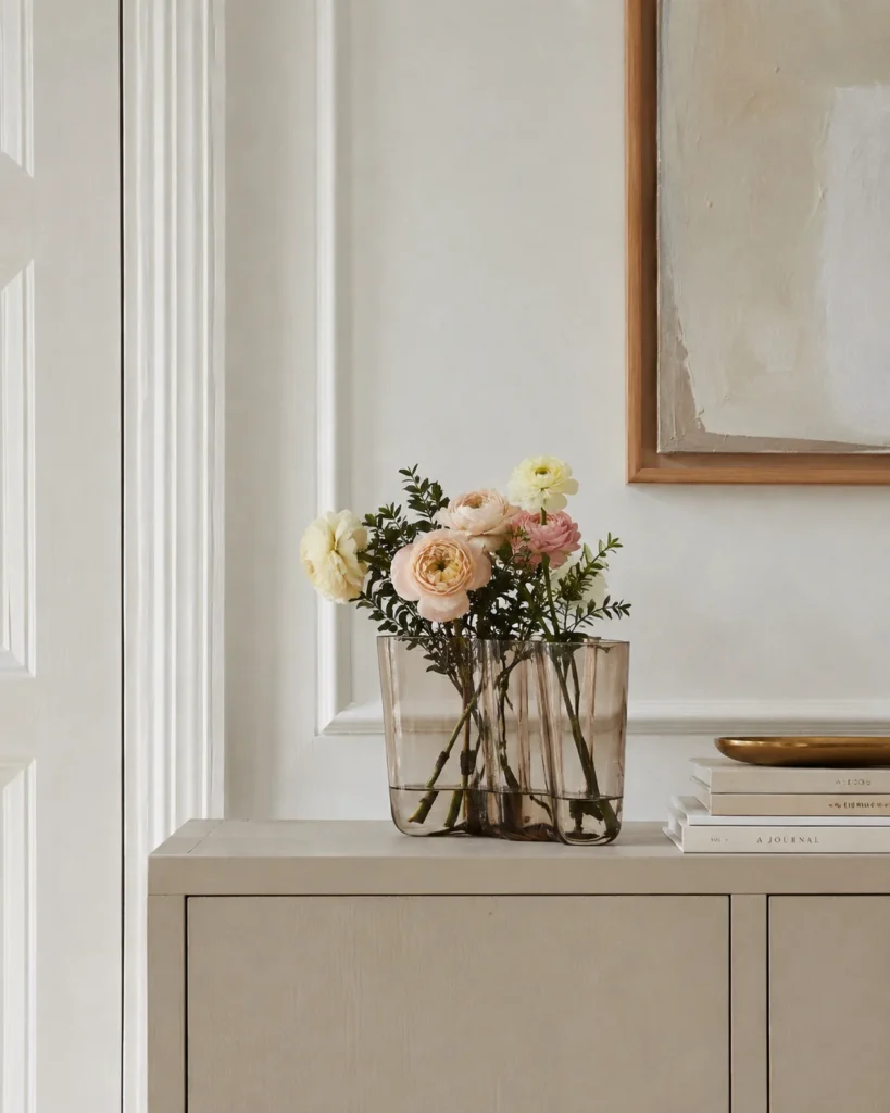 Alvar Aalto Vase 140 mm mit Blumenstrauß auf einem Sideboard neben einem gerahmten Bild