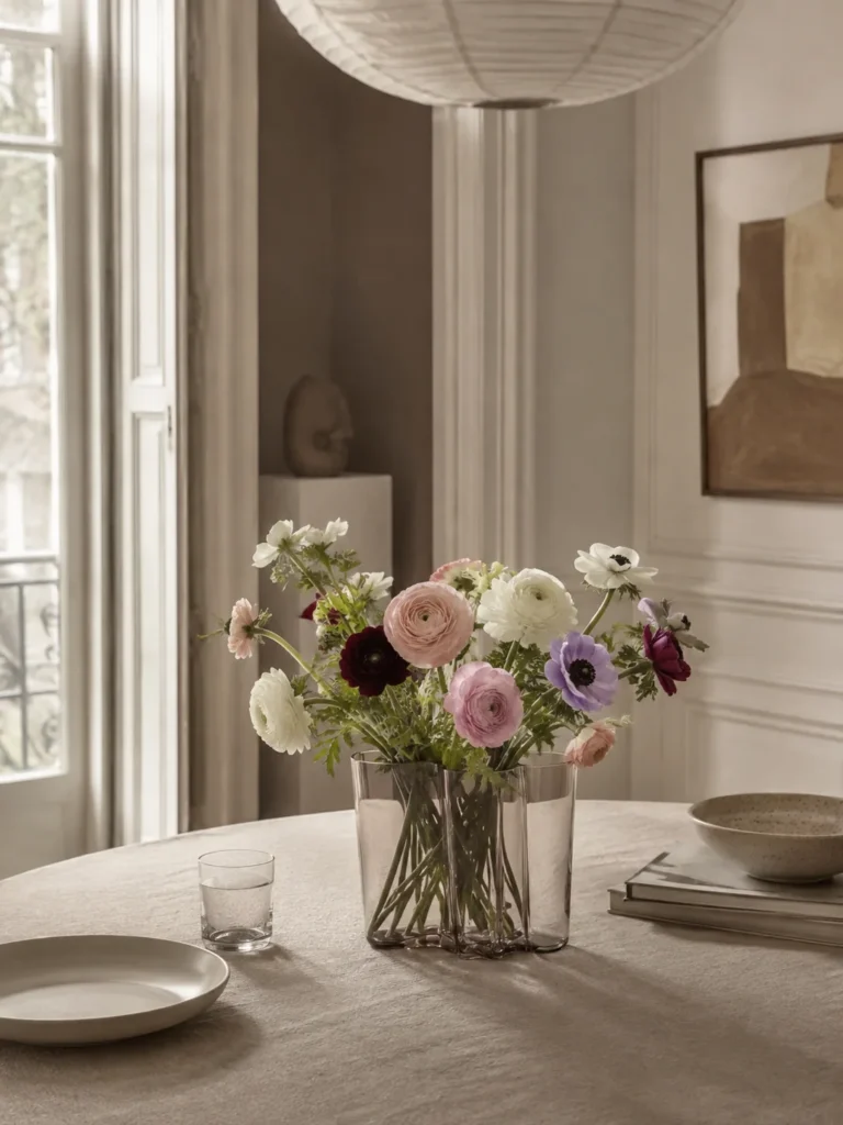 Alvar Aalto Vase 160 mm mit Blumenstrauß auf einem runden Esstisch
