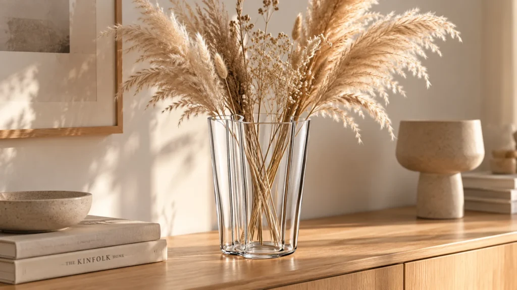 Alvar Aalto Vase 220 mm in Klarglas mit Pampasgras und Trockenblumen auf einem Sideboard aus Eiche