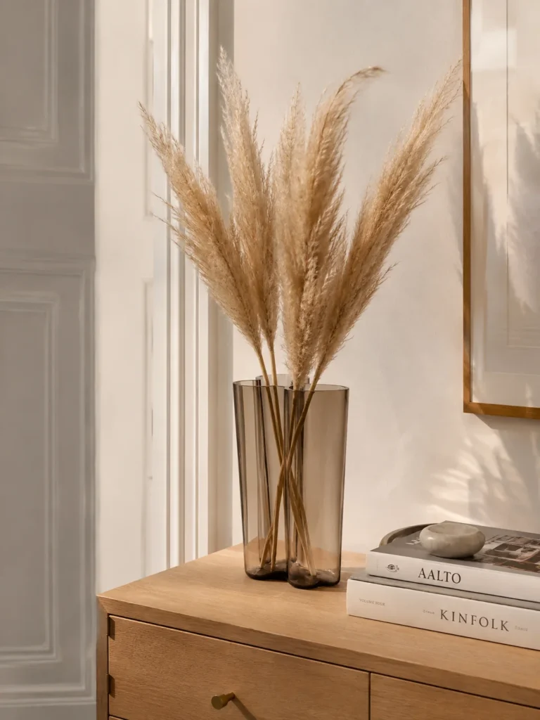 Hohe Alvar Aalto Vase 251 mm mit Pampasgras auf einem Sideboard