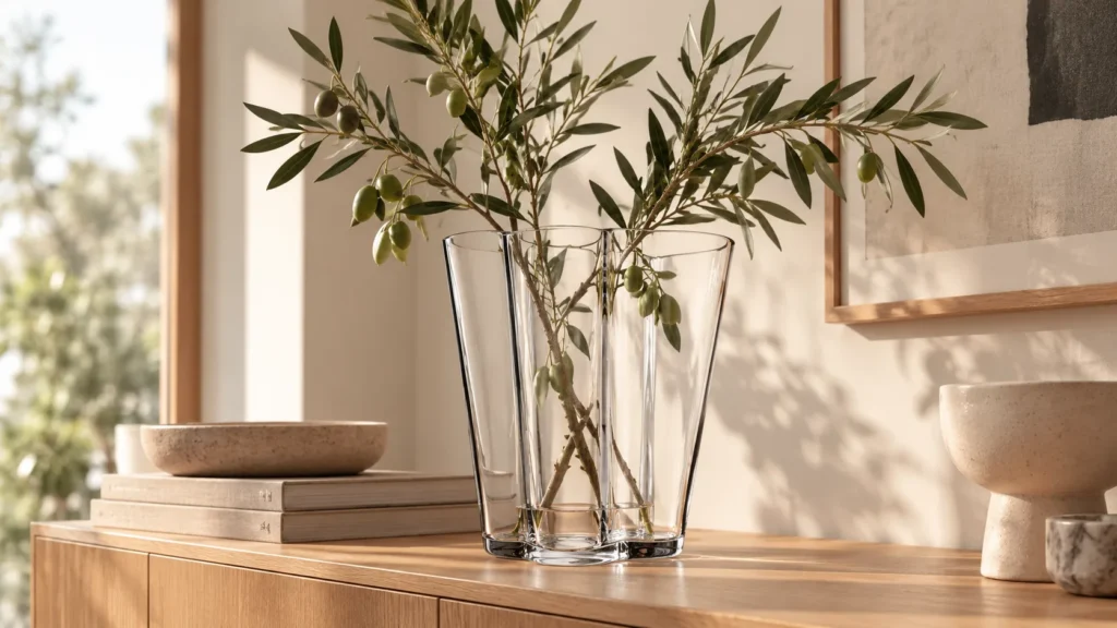 Alvar Aalto Vase 270 mm in Klarglas mit Olivenzweigen auf einem Sideboard aus Eiche