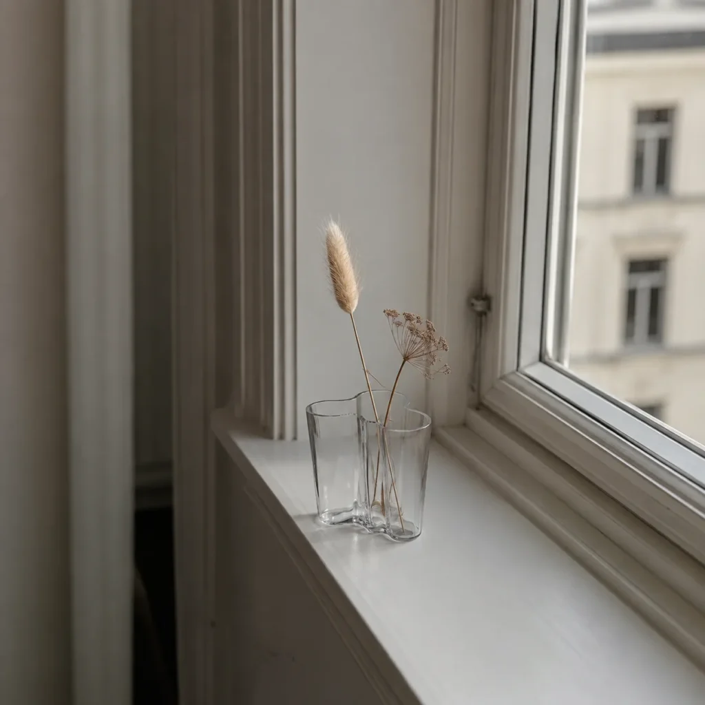 Kleine Alvar Aalto Vase 95 mm mit Trockenblume auf der Fensterbank