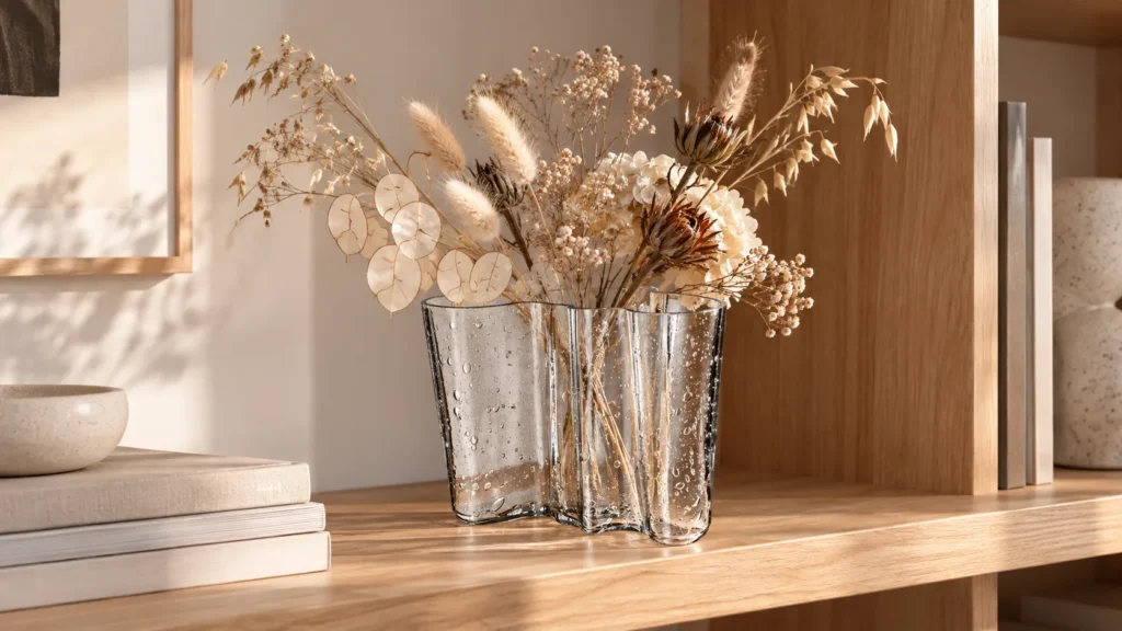 Alvar Aalto Vase Jubiläumsausgabe aus Bubbleglas mit Trockenblumen auf einem Eichenregal