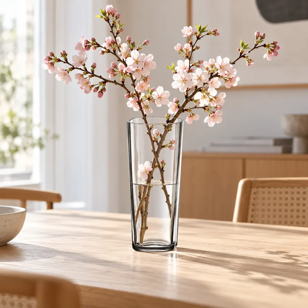 Alvar Aalto Vase 180 mm in Klarglas mit Kirschblütenzweigen auf einem hellen Holztisch
