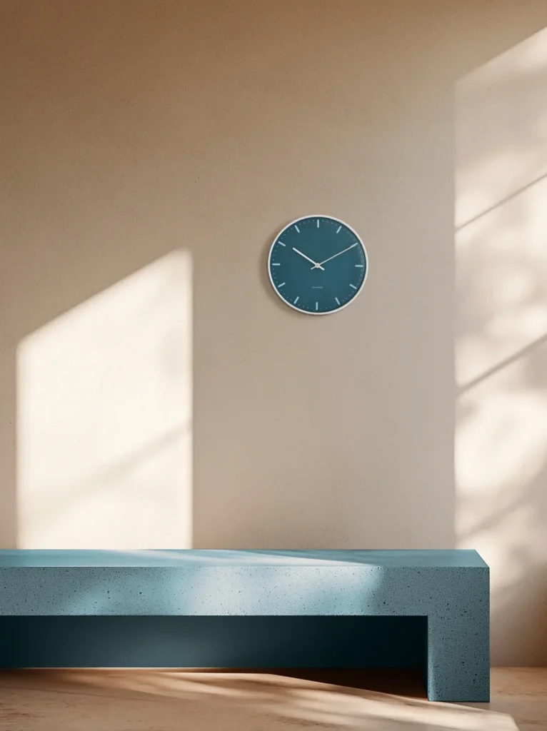 Blaue Arne Jacobsen City Hall Wanduhr an einer hellen Wand über einer blauen Bank