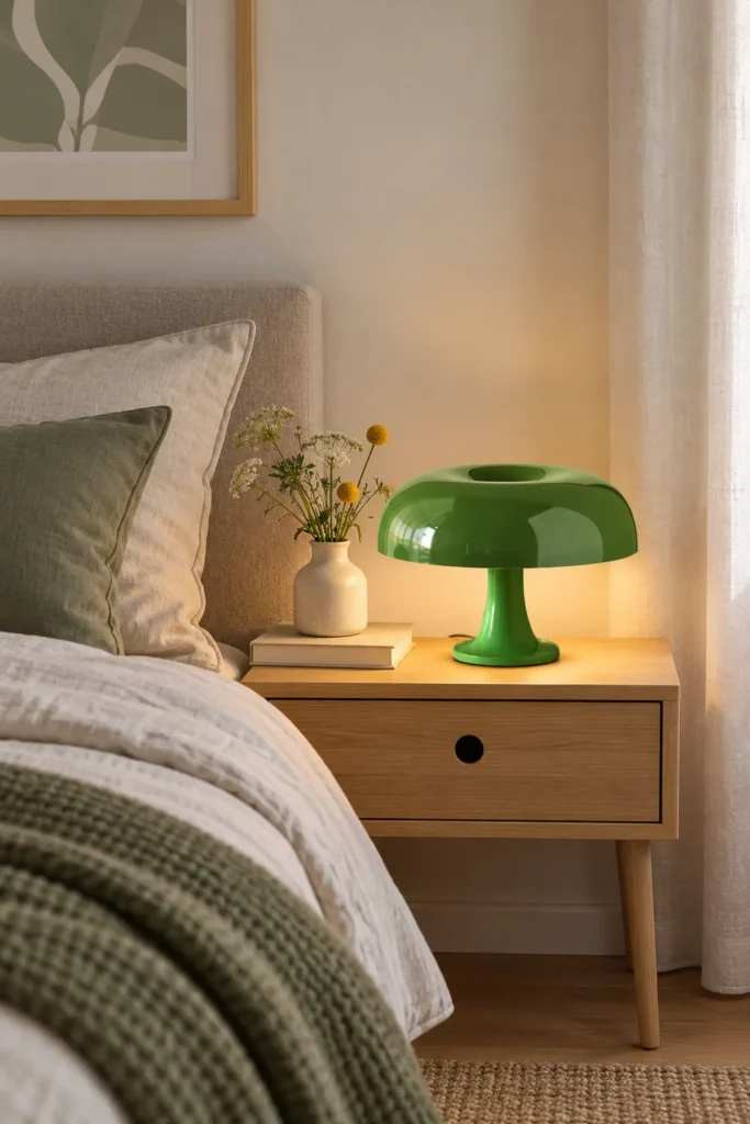 Artemide Nessino Tischleuchte in Grün auf einem Nachttisch aus Eiche neben dem Bett