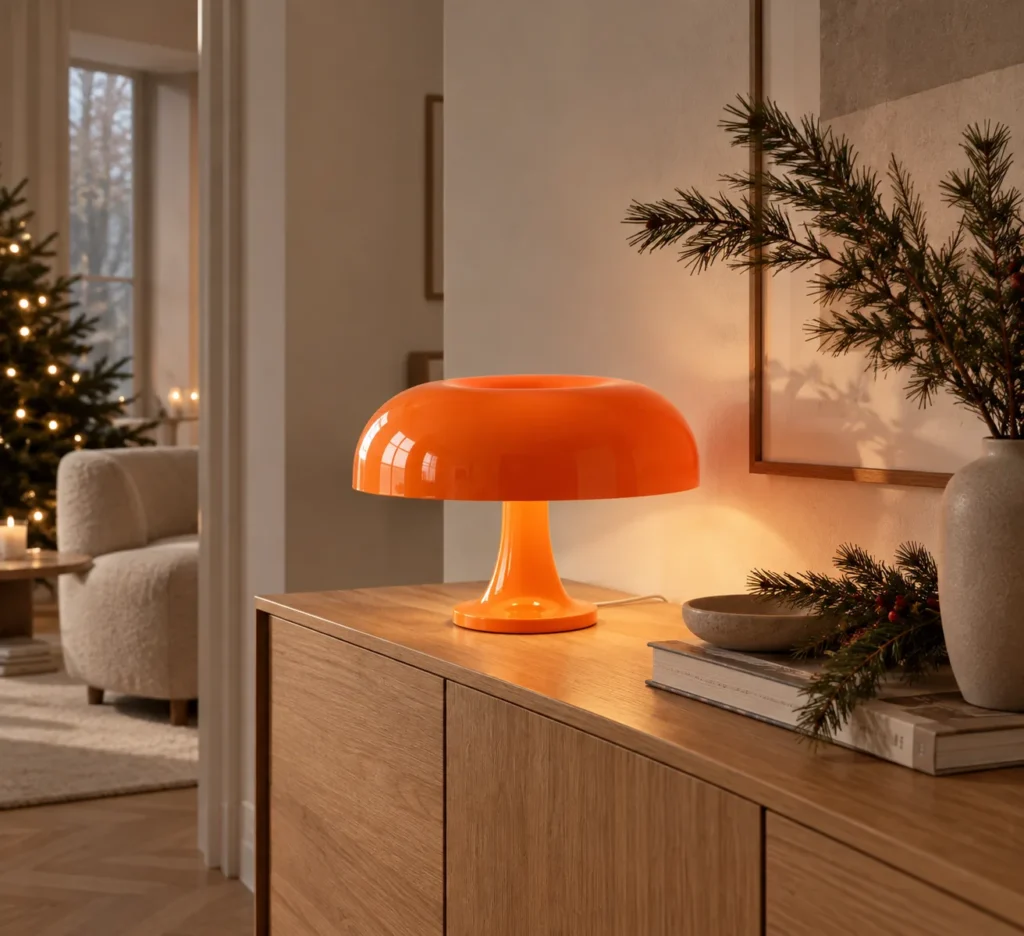 Artemide Nessino Tischleuchte in Orange auf einem Sideboard aus Eiche, im Hintergrund ein Weihnachtsbaum