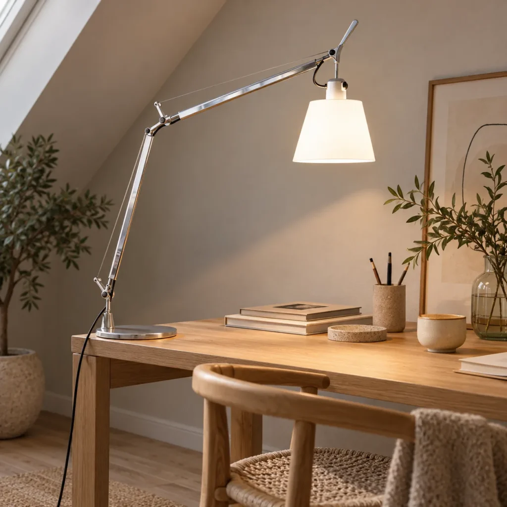 Artemide Tolomeo Basculante Tischleuchte in Aluminium mit Pergamentschirm auf einem Schreibtisch aus Eiche unter der Dachschräge