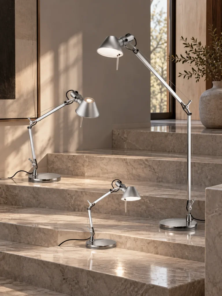 Artemide Tolomeo Micro, Tavolo und Lettura in Aluminium auf einer Treppe aus hellem Marmor, die Familie in drei Größen