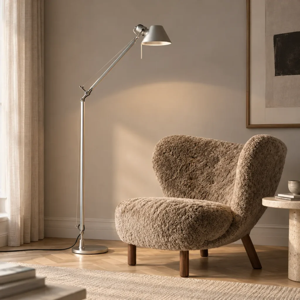 Artemide Tolomeo Lettura Stehleuchte in Aluminium neben einem Lammfellsessel mit Holzbeinen
