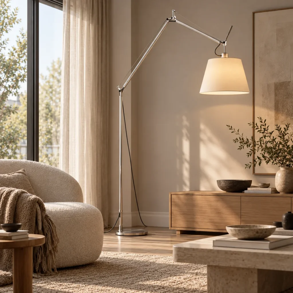 Artemide Tolomeo Mega Stehleuchte in Aluminium mit Pergamentschirm neben Bouclé Sessel und Sideboard aus Eiche