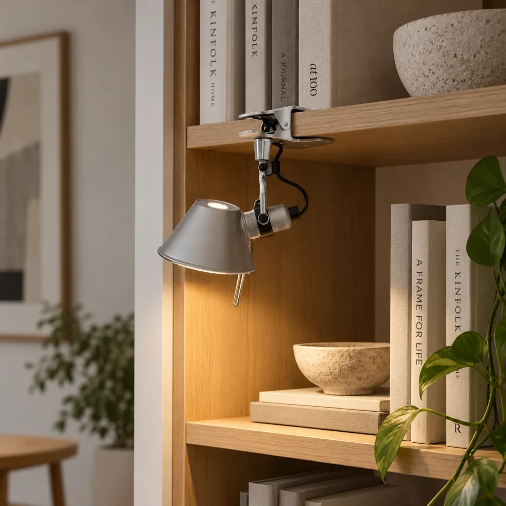 Artemide Tolomeo Micro Pinza Klemmleuchte in Aluminium an einem Regalbrett aus Eiche zwischen Büchern