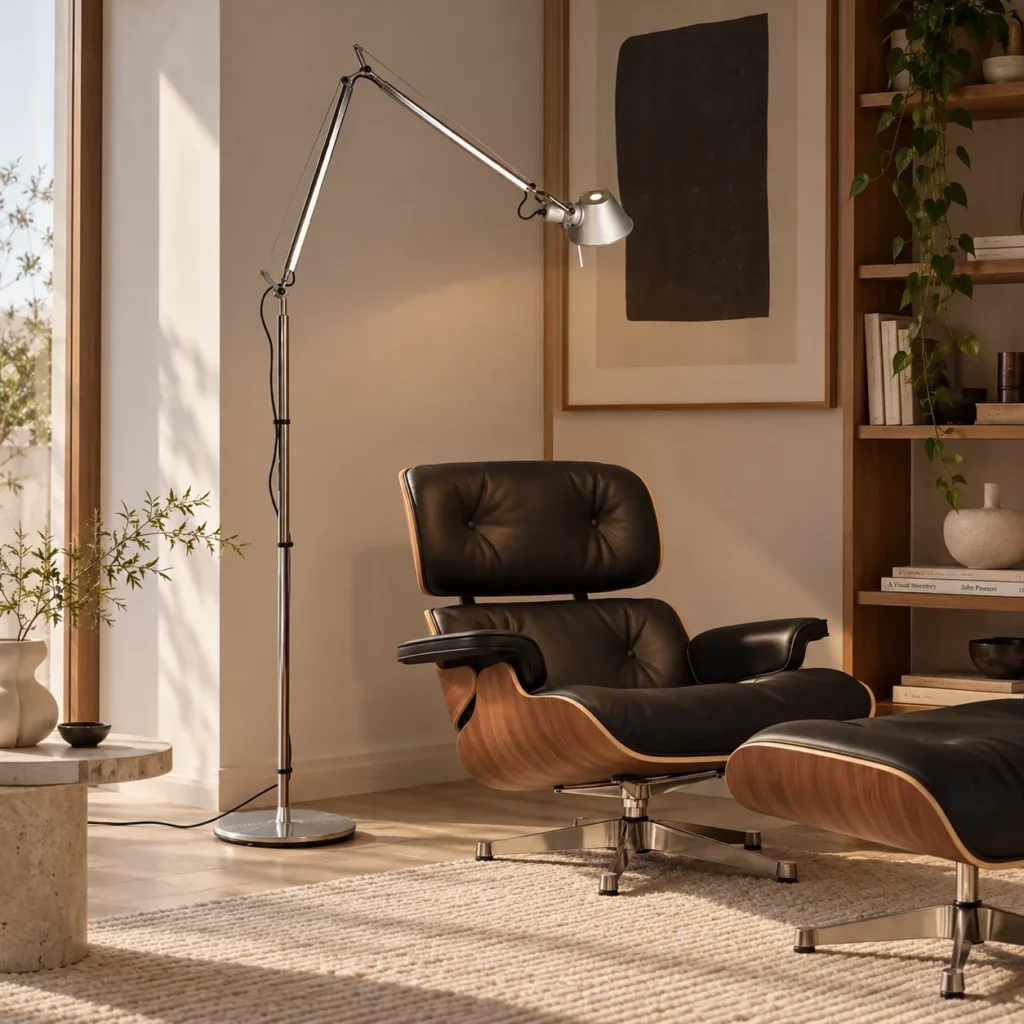 Artemide Tolomeo Terra Stehleuchte in Aluminium mit Standrohr neben einem Eames Lounge Chair mit Ottoman
