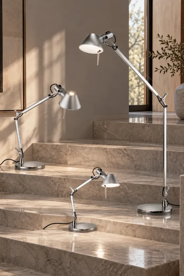 Artemide Tolomeo Micro, Tavolo und Lettura in Aluminium auf einer Treppe aus hellem Marmor