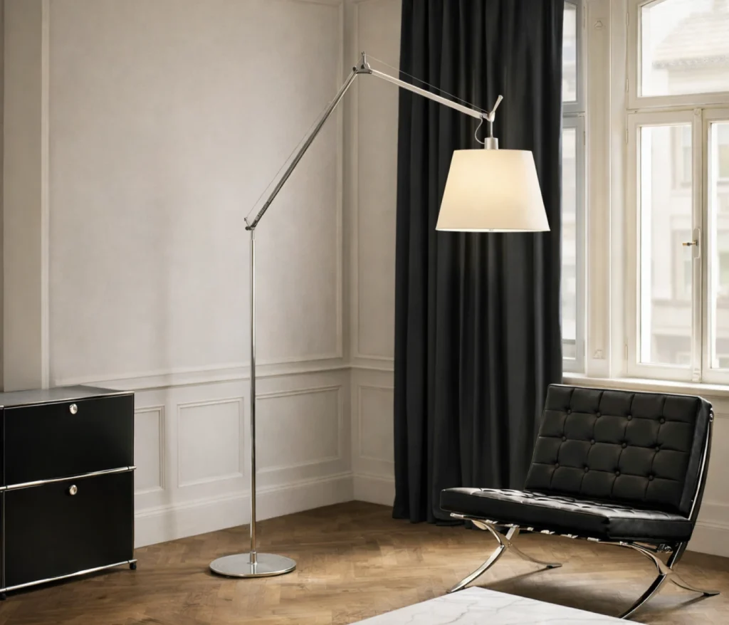 Artemide Tolomeo Mega Floor Design Stehleuchte mit Stoffschirm im modernen Wohnraum