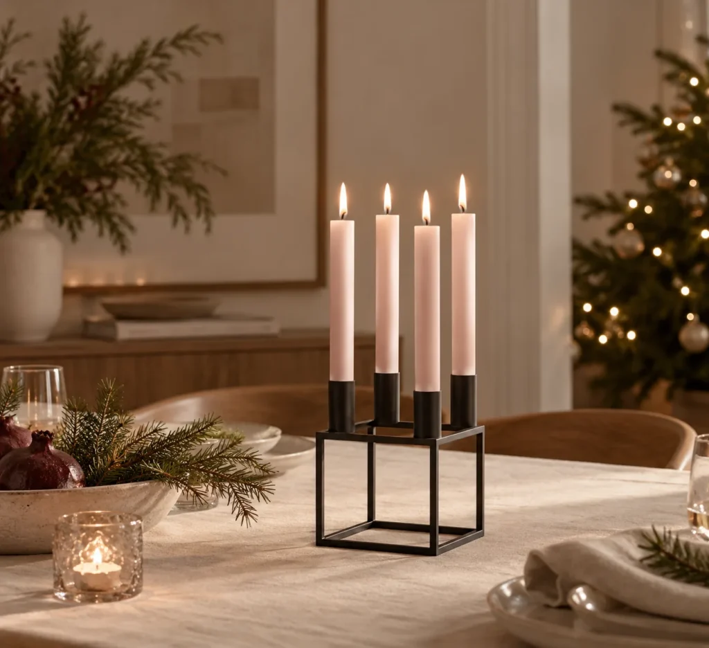 Kubus 4 Kerzenhalter in Schwarz mit vier brennenden Kerzen auf einem weihnachtlich gedeckten Esstisch