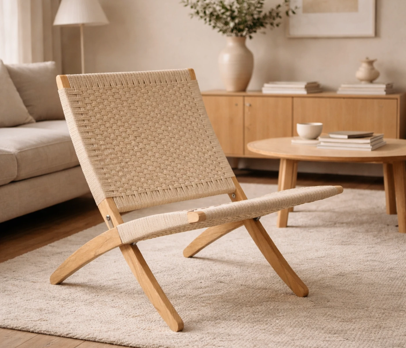 Carl Hansen & Søn MG501 Cuba Chair aus Eiche mit geflochtener Sitzfläche im skandinavischen Wohnzimmer