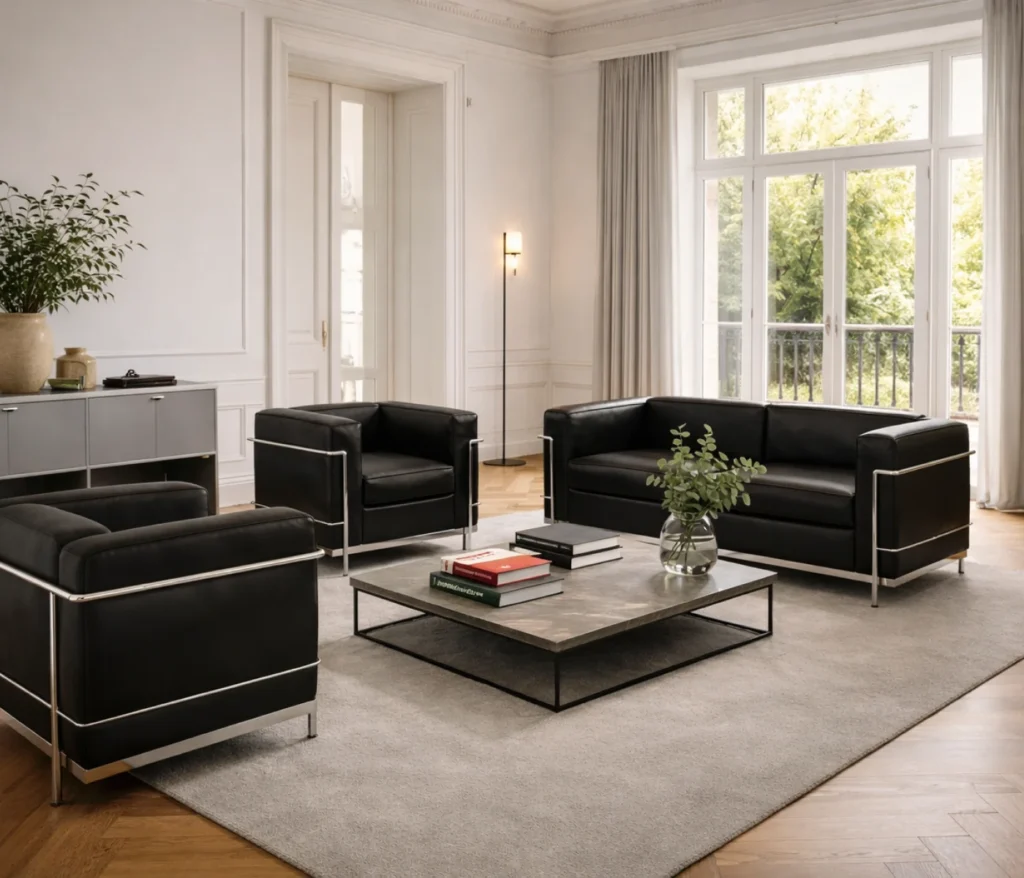 LC2 Sessel und LC2 Sofa von Le Corbusier im Wohnzimmer