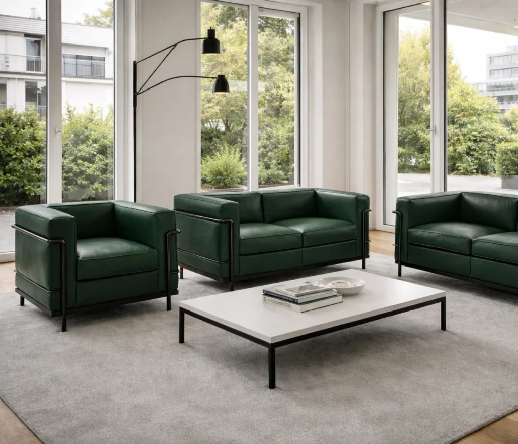 Cassina LC2 Sessel und Sofa von Le Corbusier im modernen Wohnzimmer