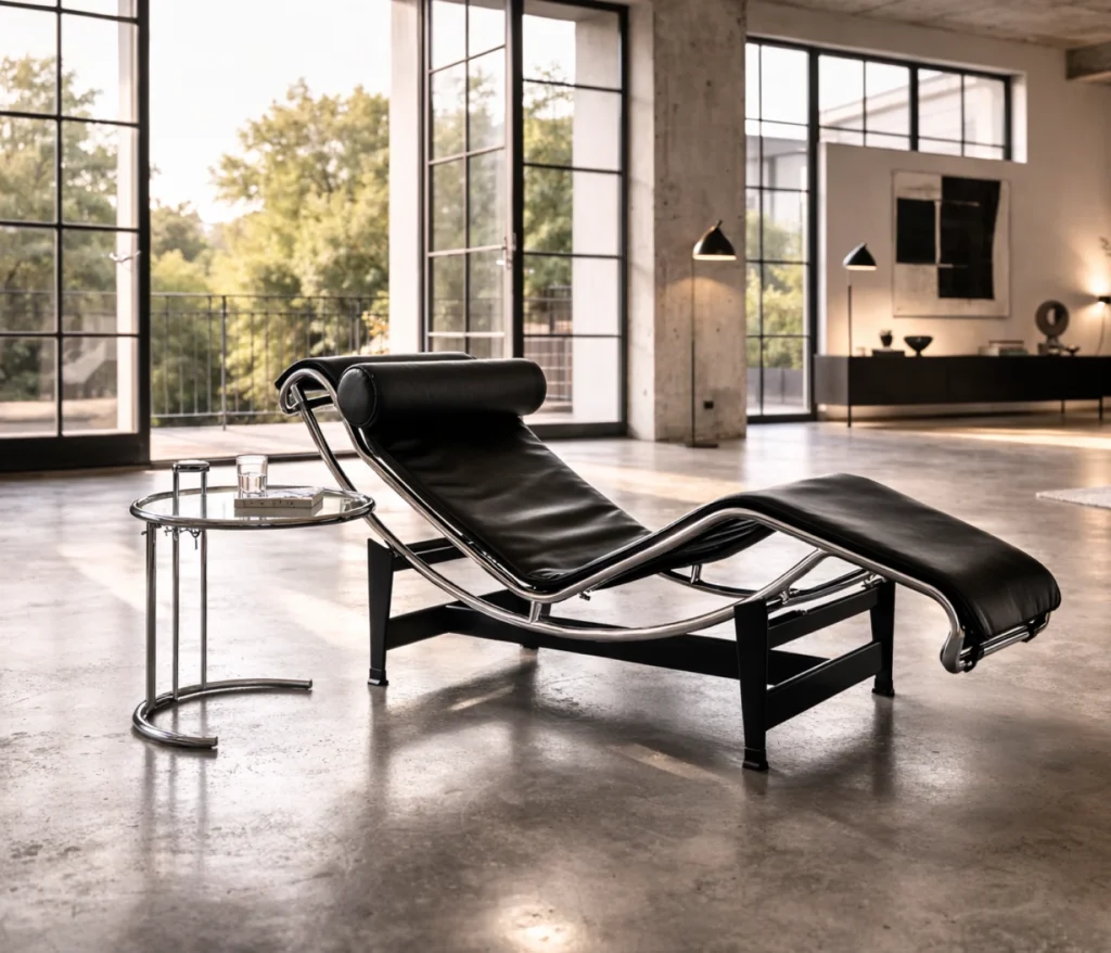 Cassina LC4 Liege Chaise Longue von Le Corbusier im modernen Loft Wohnzimmer
