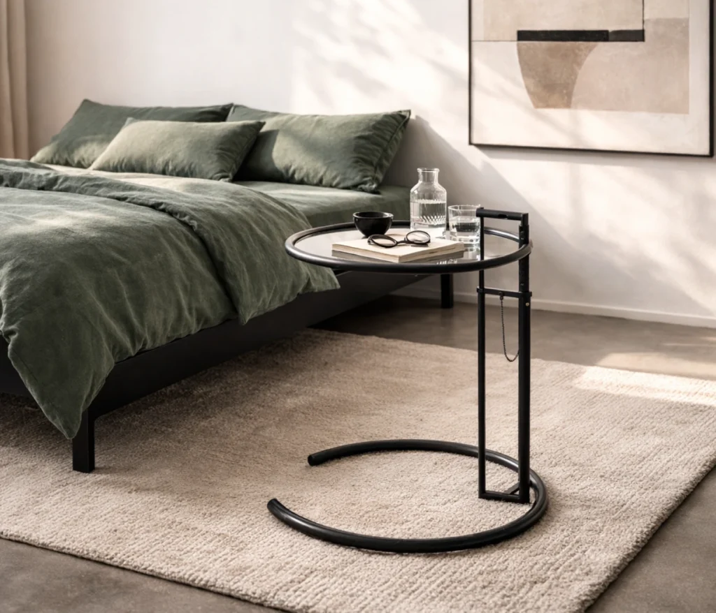 ClassiCon Adjustable Table E 1027 Beistelltisch von Eileen Gray neben Bett im Schlafzimmer