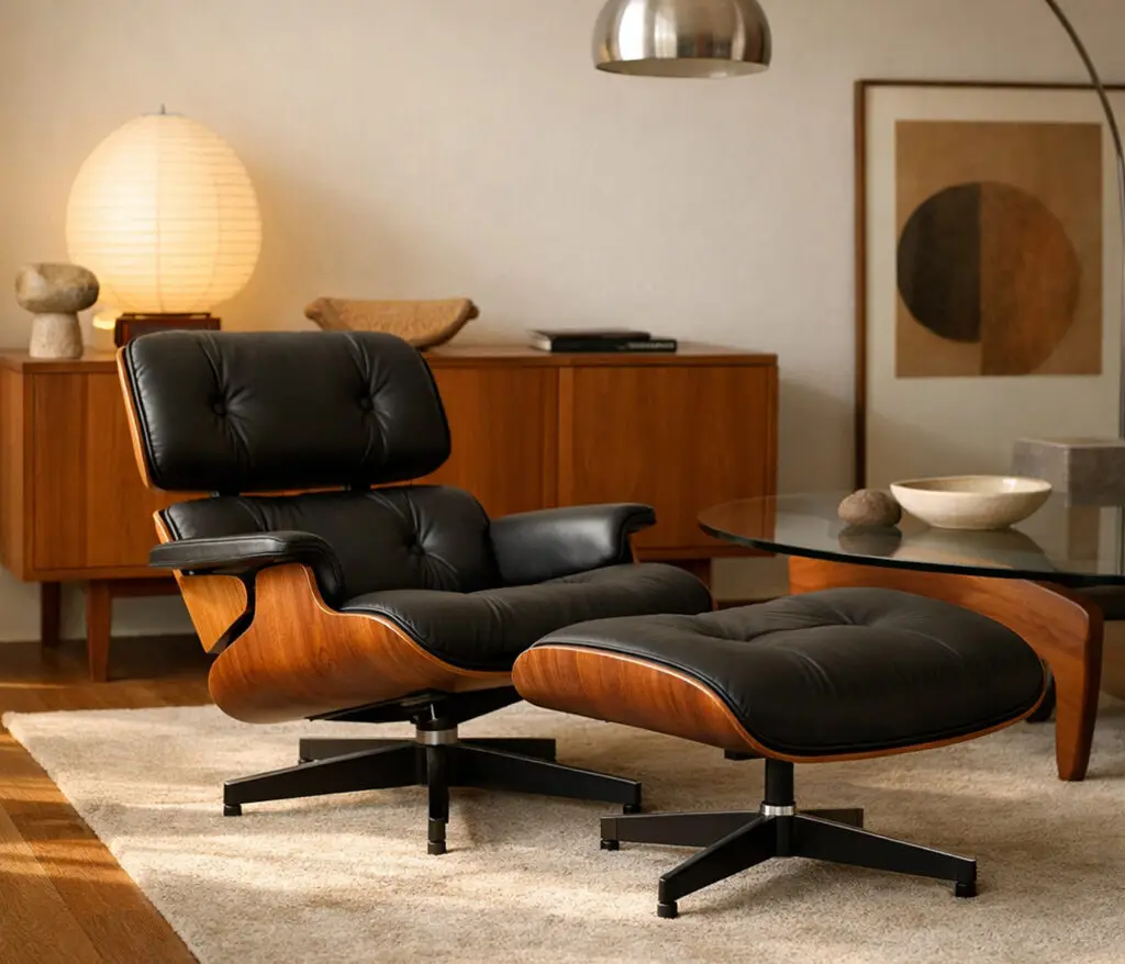 Eames Lounge Chair mit Ottoman von Charles und Ray Eames im Mid Century Wohnzimmer