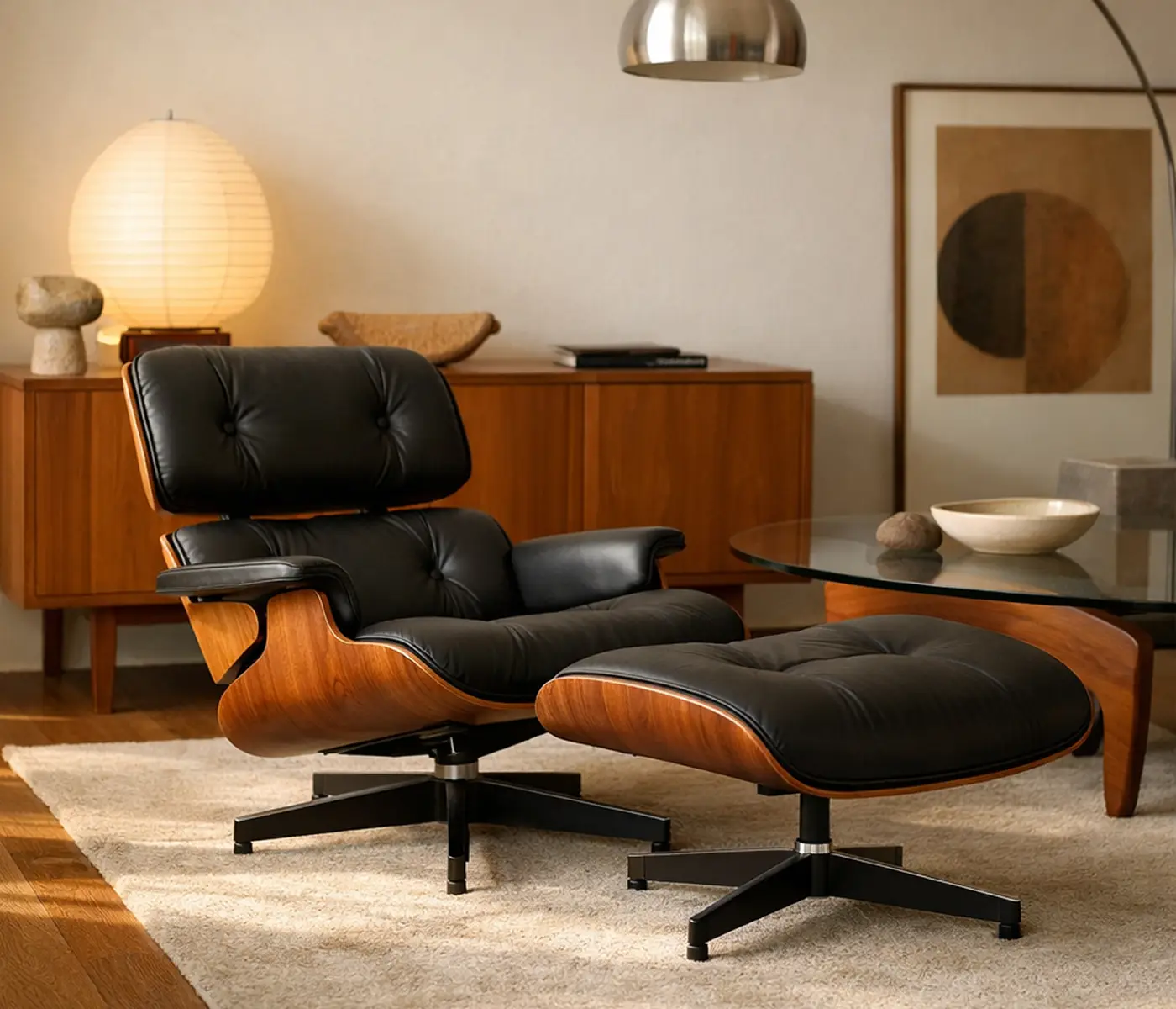 Eames Lounge Chair mit Ottoman von Charles und Ray Eames im Mid Century Wohnzimmer