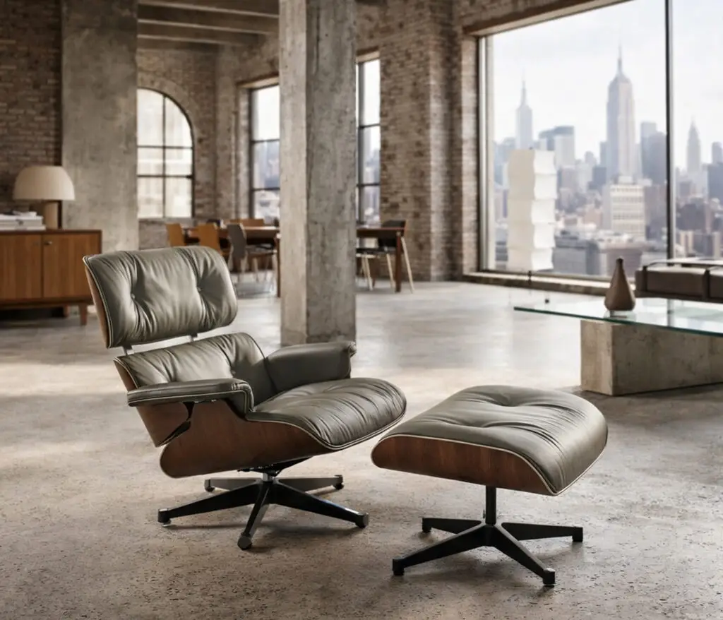 Eames Lounge Chair mit Ottoman von Charles und Ray Eames in modernem Loft Wohnzimmer