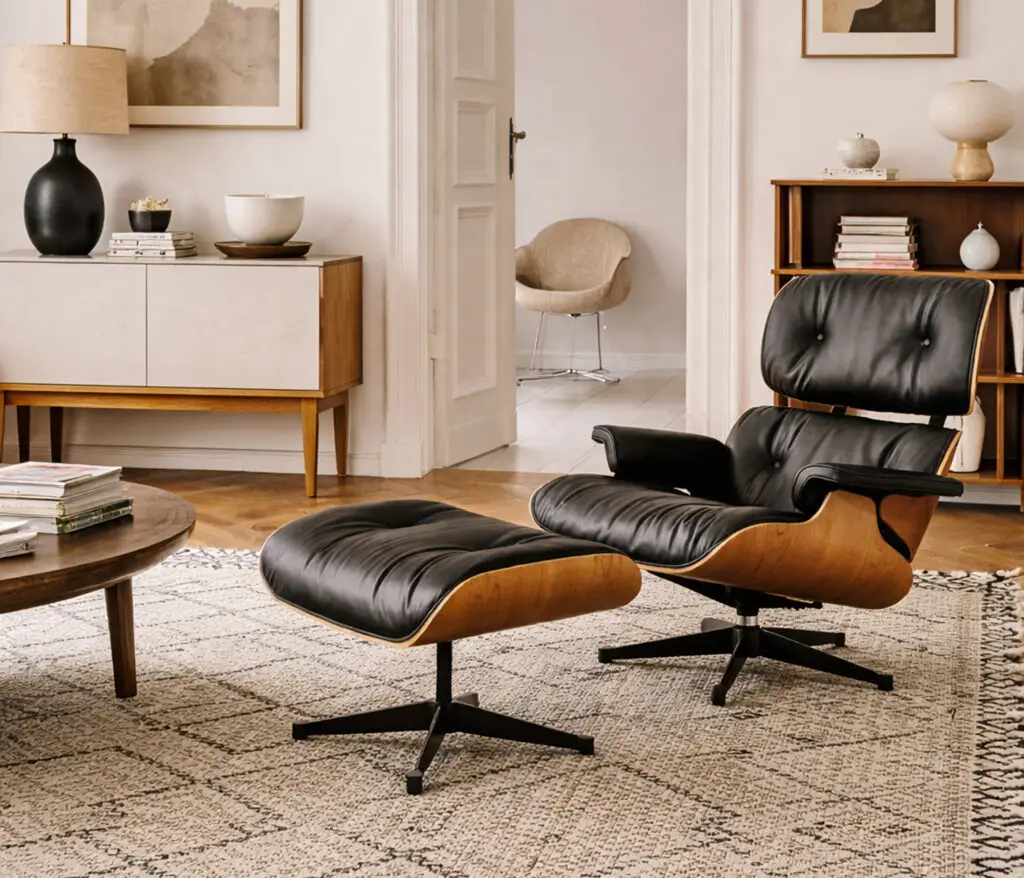 Eames Lounge Chair mit Ottoman Designklassiker von Charles und Ray Eames im Wohnzimmer