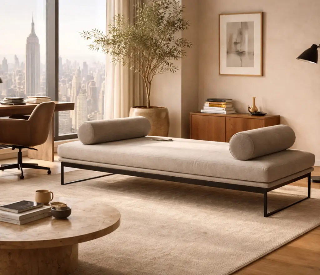 ferm LIVING Turn Bed Daybed im modernen Wohnzimmer mit Homeoffice Bereich