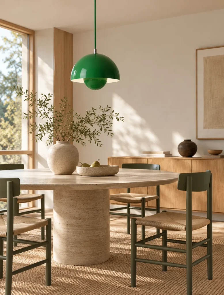 Fredericia J39 Stühle in Khaki green mit Naturgeflecht an einem runden Esstisch aus Travertin, darüber eine grüne Flowerpot