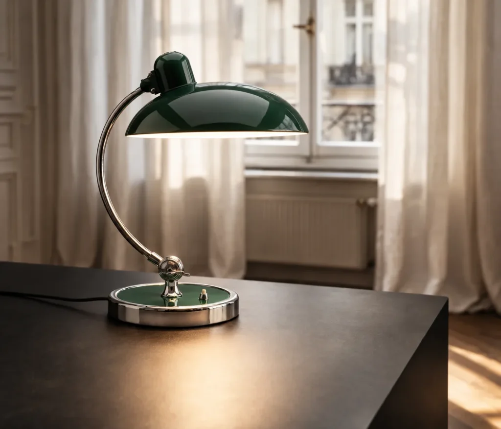 Fritz Hansen Kaiser Idell 6631 T Luxus Tischleuchte in Dark green mit Chromgestell auf einem dunklen Tisch vor einem hellen Fenster