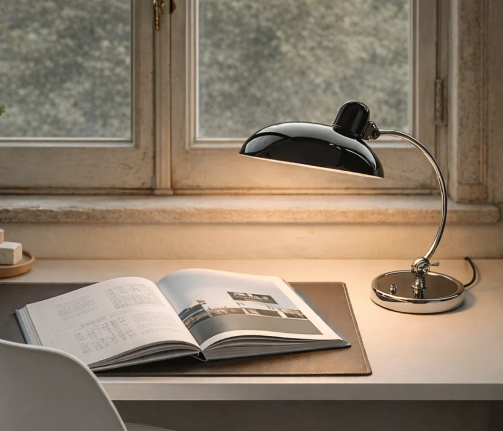 Kaiser Idell 6631-T Bauhaus Tischleuchte von Fritz Hansen auf modernem Schreibtisch