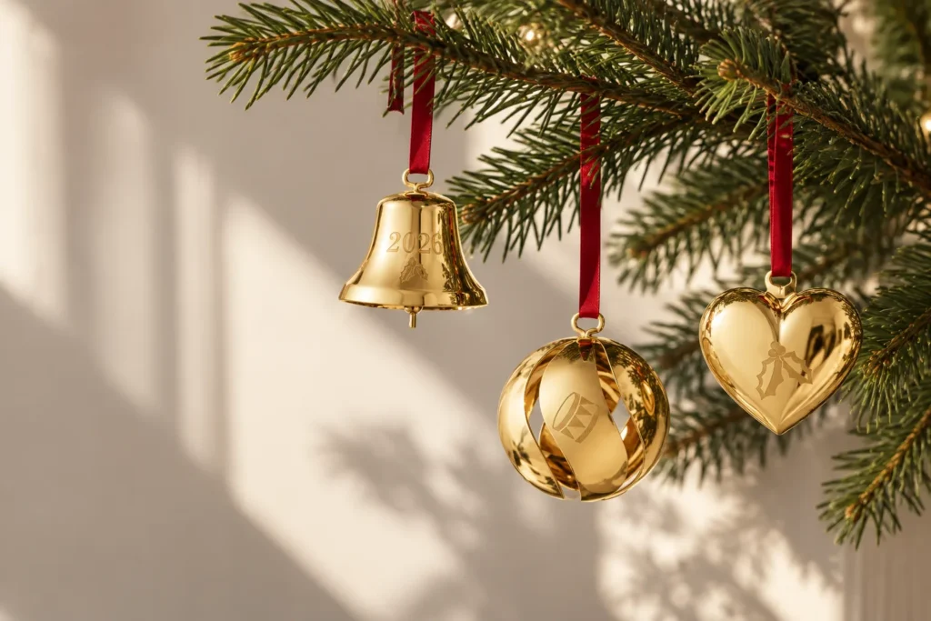 Georg Jensen Weihnachtsschmuck 2026 in Gold, Glocke, Kugel und Herz an roten Bändern am Tannenzweig