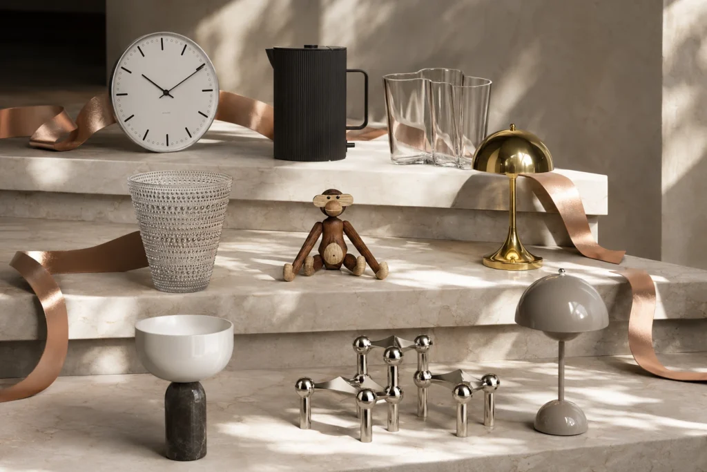 Designklassiker als Geschenkideen auf Steinstufen: Wanduhr, Isolierkanne, Vasen, Leuchten und Kerzenhalter