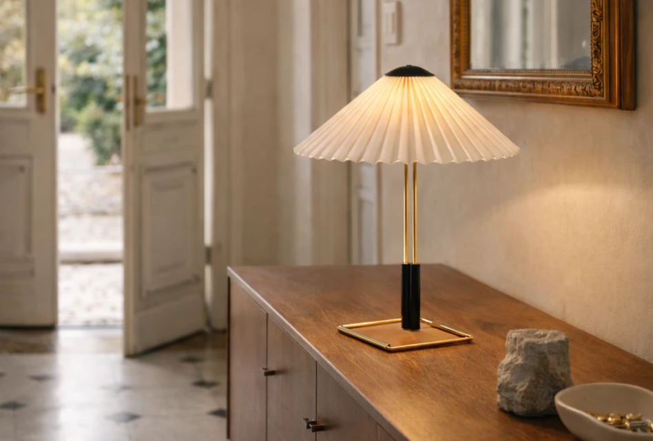 HAY Matin Table Lamp Design Tischleuchte auf Sideboard mit plissiertem Lampenschirm
