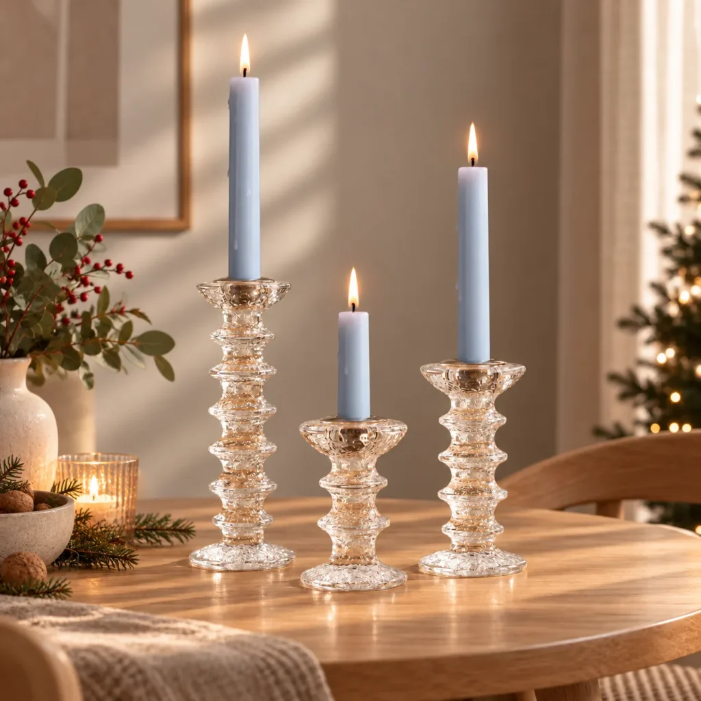 Drei Iittala Festivo Kerzenhalter mit hellblauen Kerzen auf einem runden Holztisch, im Hintergrund ein Weihnachtsbaum