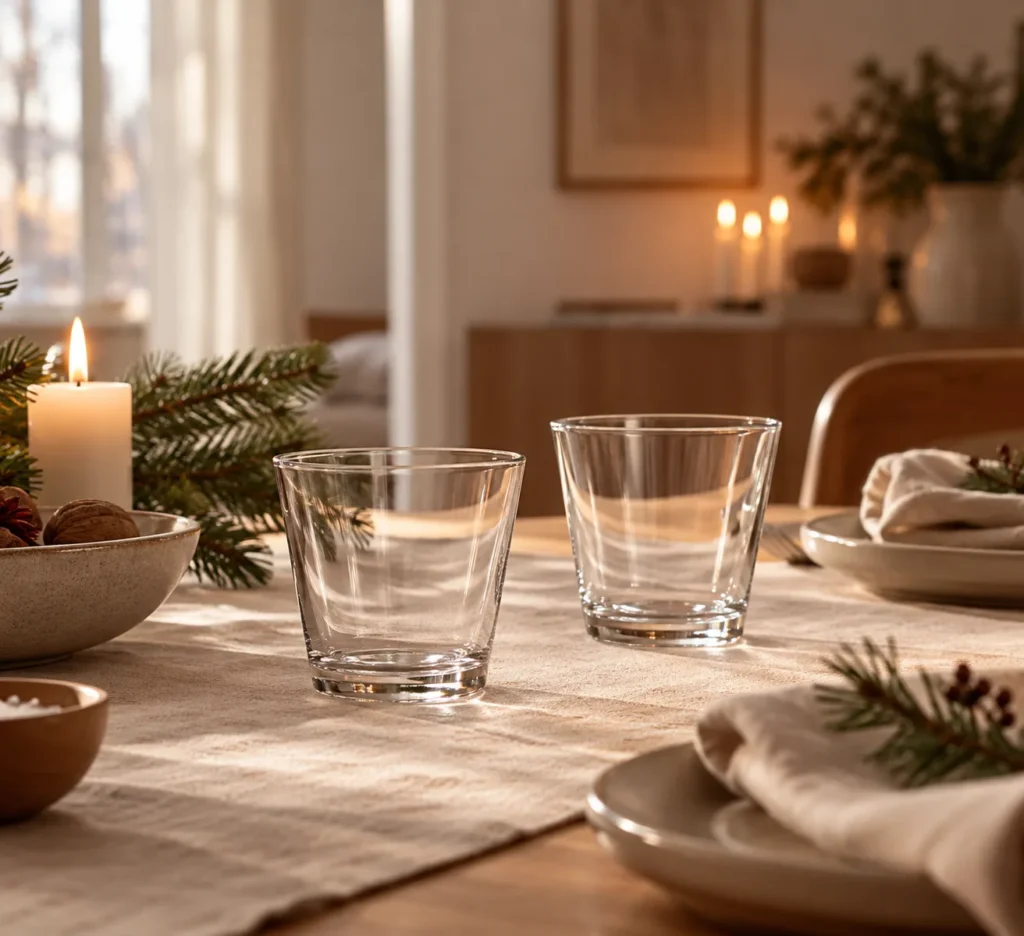 Zwei Iittala Kartio Gläser in Klarglas auf einem festlich gedeckten Tisch mit Leinentischläufer