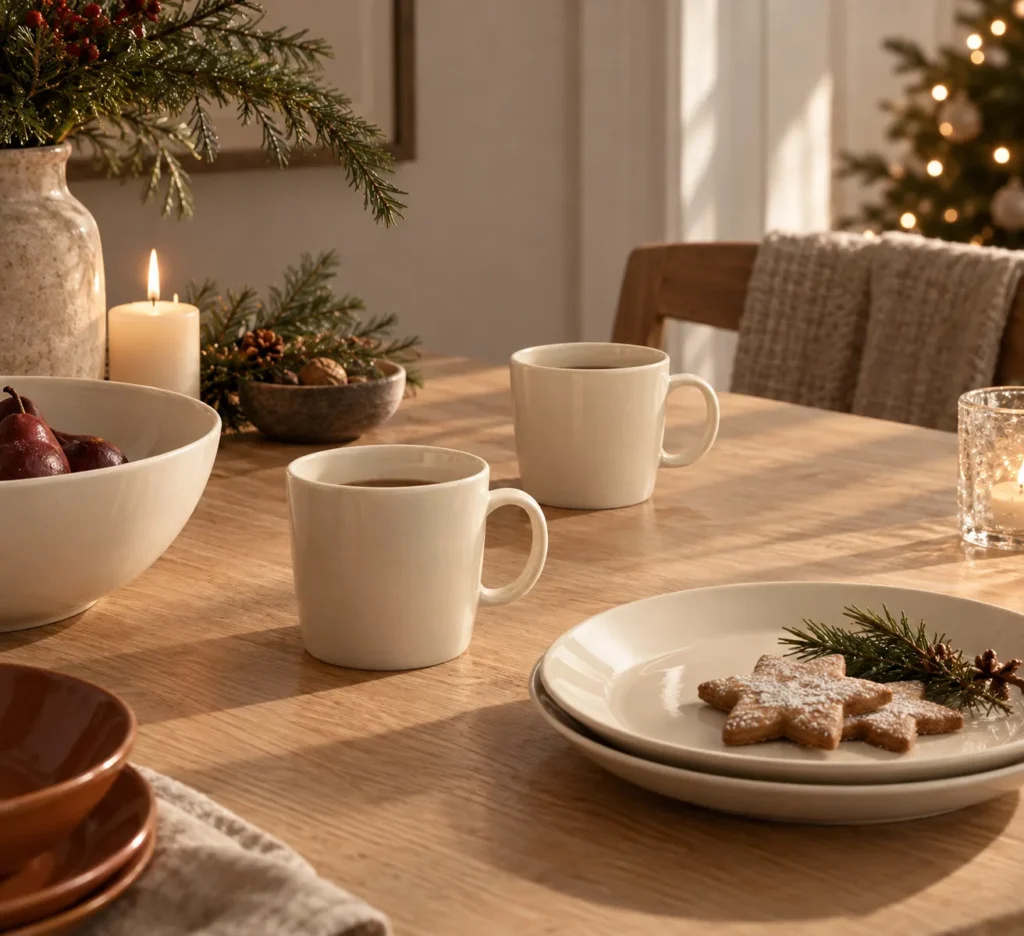 Zwei Iittala Teema Tassen und Teller in Weiß auf einem Holztisch mit Weihnachtsgebäck