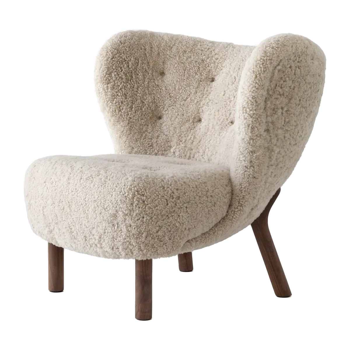 &Tradition Little Petra VB1 Sessel mit Schaffell Moonlight auf geölter Walnuss, Design von Viggo Boesen
