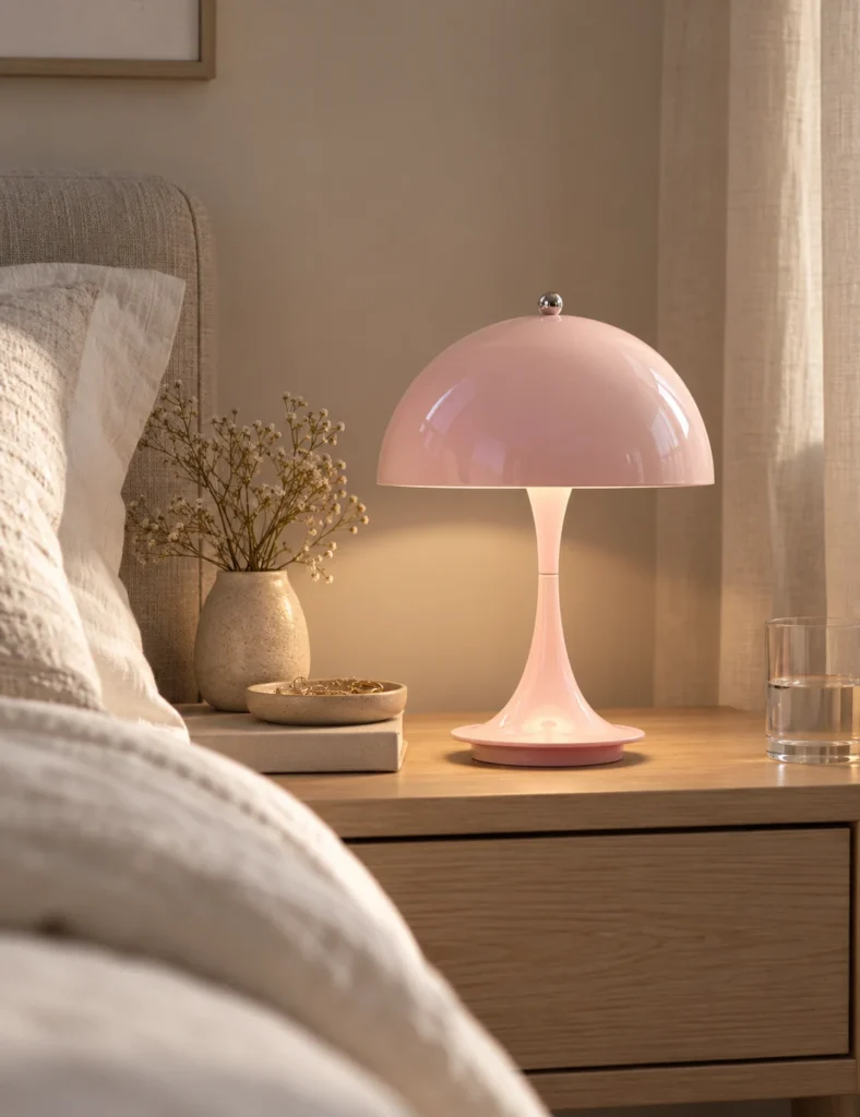 Louis Poulsen Panthella 160 Portable in Rosa auf einem Nachttisch neben dem Bett