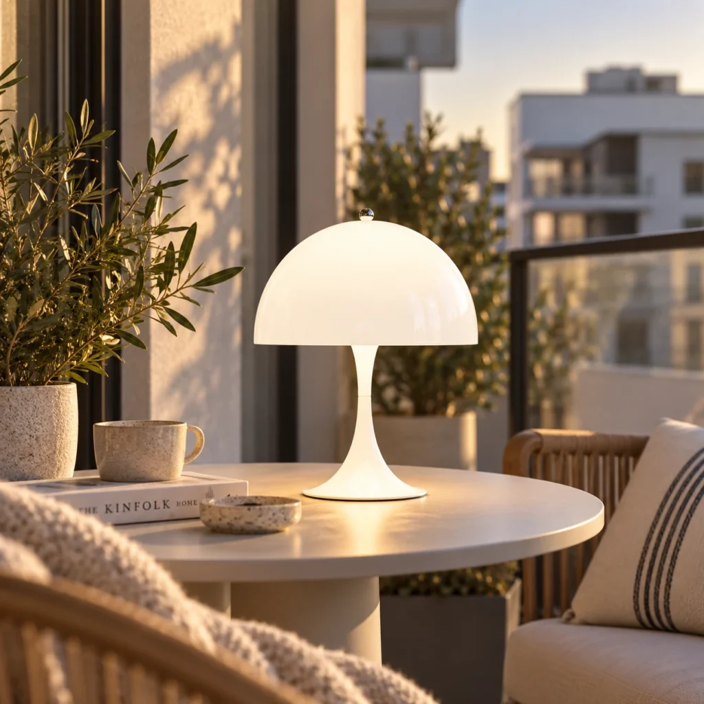 Louis Poulsen Panthella 250 Portable in Weiß auf einem Terrassentisch im Abendlicht