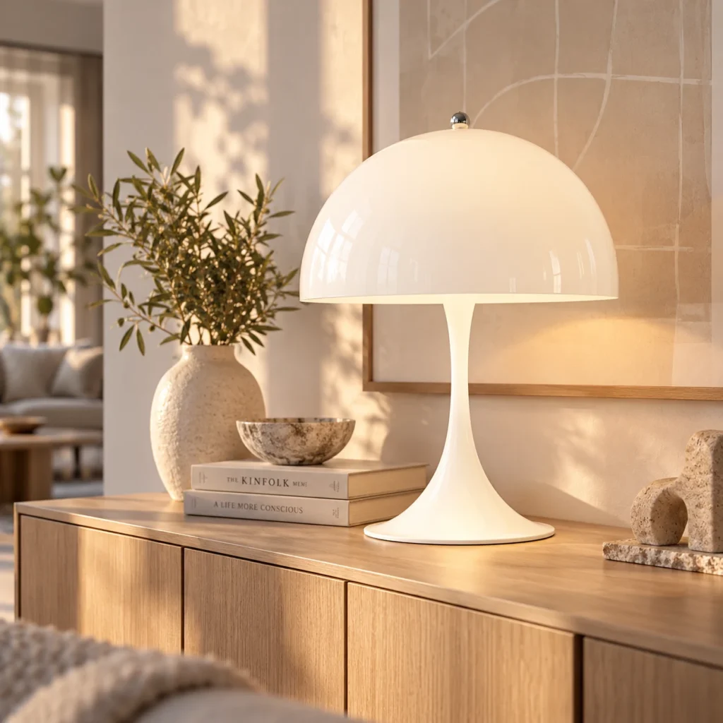 Louis Poulsen Panthella 320 in Weiß auf einem Sideboard aus Eiche