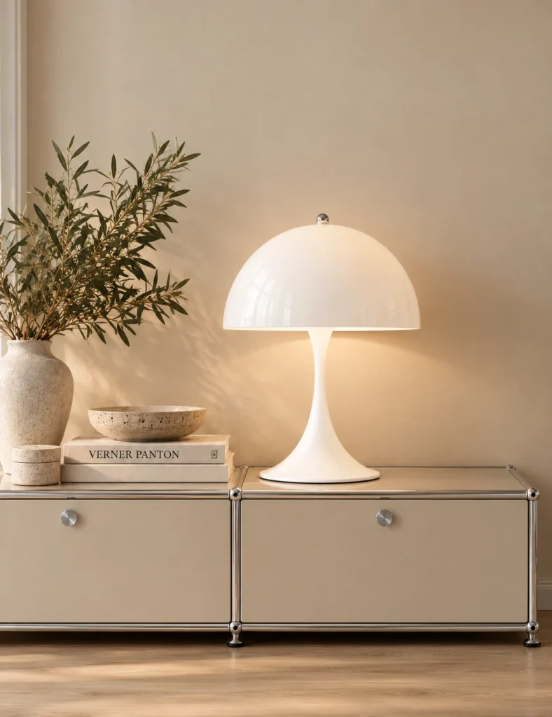 Louis Poulsen Panthella 400 in Weiß auf einem beigen Sideboard mit Chromgestell