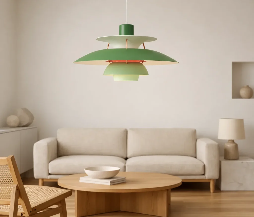 Louis Poulsen PH 5 Pendelleuchte in Grün über einem runden Couchtisch aus Eiche vor einem hellen Sofa